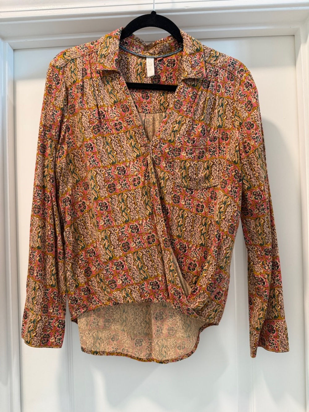Pilcro Printed Surplice Blouse in Pink and Cream with Mustard Accents